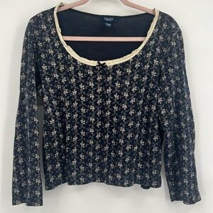 Chaps Black Floral Long Sleeve Top